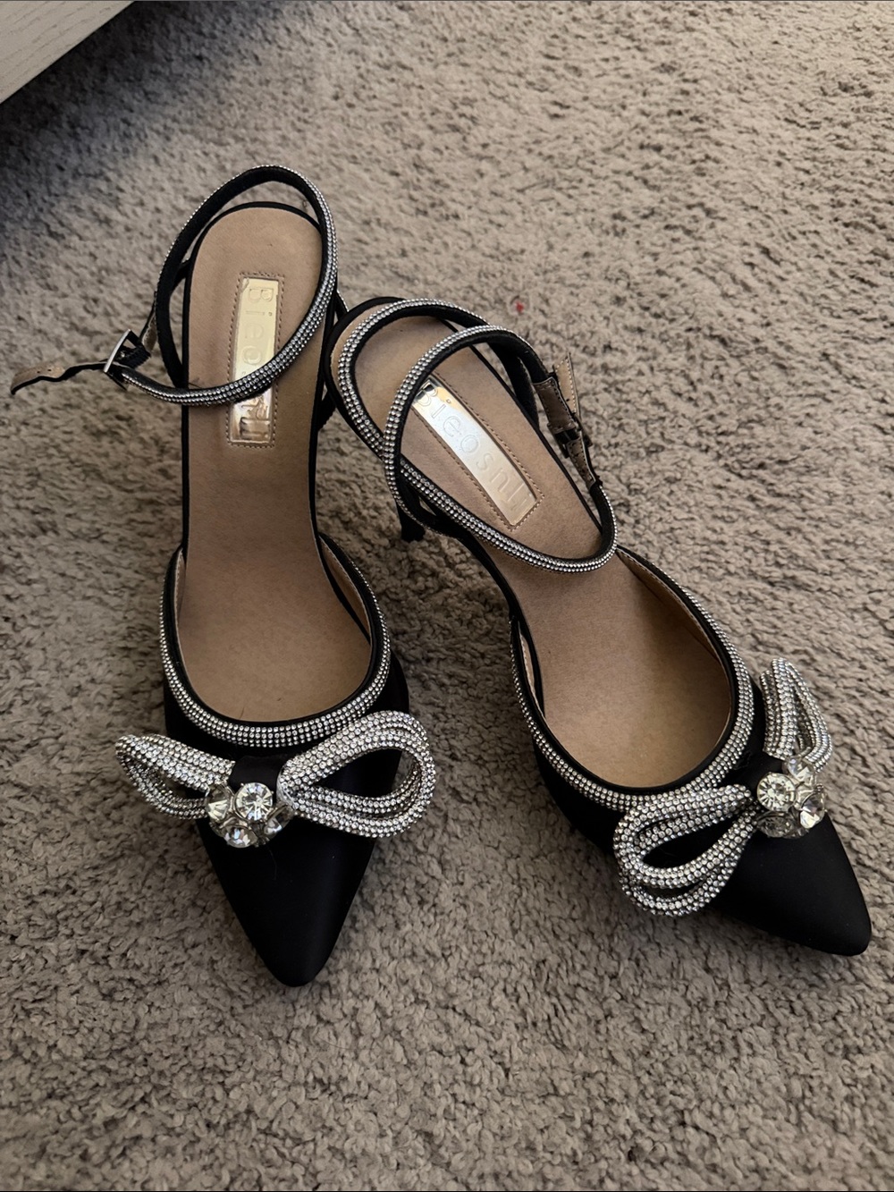 Black Pointed-Toe Ankle Strap Flats with Crystal Bow